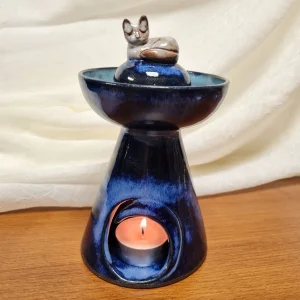 Uyuyan Kedi Kobalt Seramik Buhurdanlık