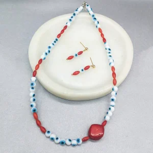 Coral And Evil Eye Necklace