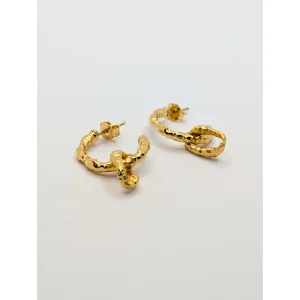 Gold Sandy Textured Charm Hoop Earrings