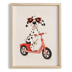 Dog On A Scooter - White Background Natural Wood Framed Print