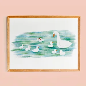 Ördek Ailesi Poster - Çerçeve Ahşap (Naturel)