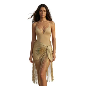 Solea Gold Saten İpek Püsküllü Pareo- Mediterranean Glow