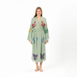 Müslin Kimono Kelebek Baskılı Desenli Bornoz Kaftan Sabahlık