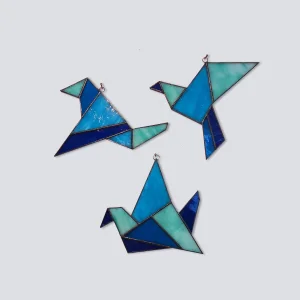 Origami Vitray Mavi Kuşlar 3'lü Duvar Aksesuarı Seti