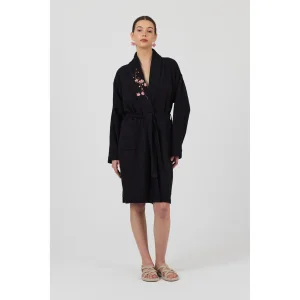 Bahar Dalı Nakışlı Siyah Müslin Kimono