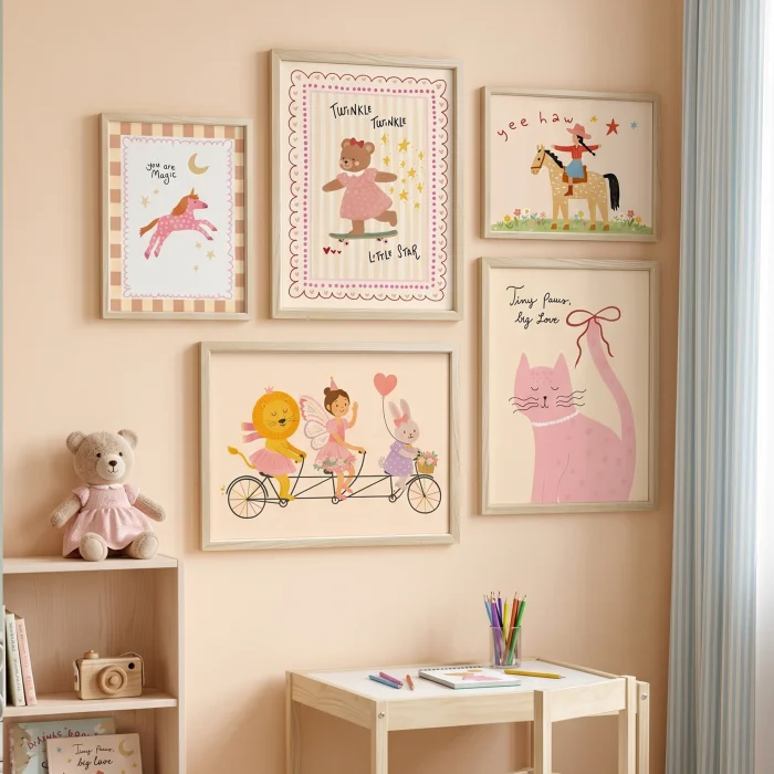 Kaykaycı Ayı ve Unicorn Temalı Çocuk Odası Ahşap Çerçeveli 5'li Tablo Seti image 1