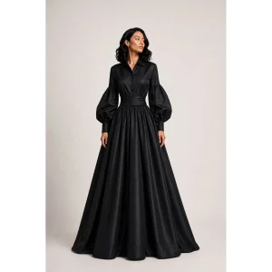 Balloon Sleeve Black Taffeta Maxi Shirt Dress