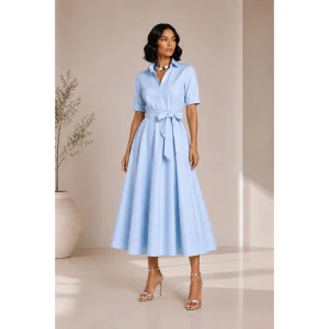 Short Sleeved Midi Poplin Blue Dress