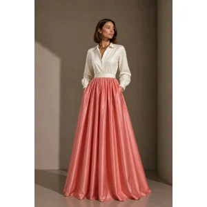 Balloon Sleeve Belted Sunshine Pink Taffeta Shirt Dress