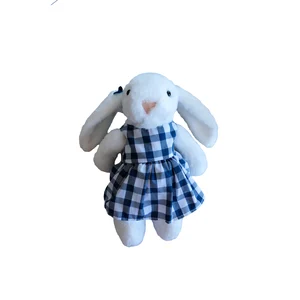 Blue Bird Mavi Ekose Elbiseli Peluş Tavşan Beyaz