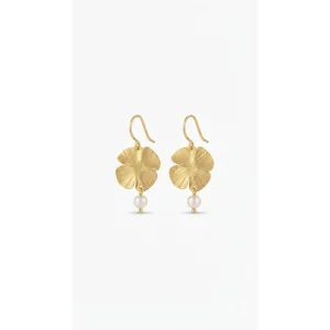 Pirinç İnci Detaylı Yonca Mat Gold Küpe