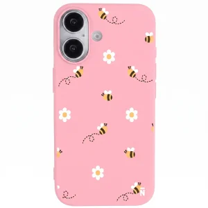 Iphone 17 Pembe Lansman Renkli Silikon Bees And Flowers Tasarımlı Kılıf